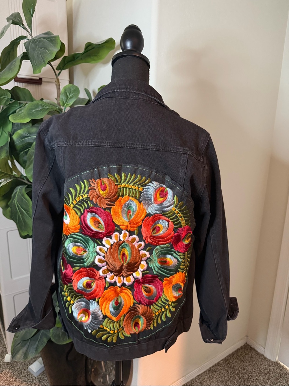 Black Denim Jacket with Colorful Embroidered Back - Picture 2 of 15